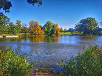 Scenic view of lake against clear sky