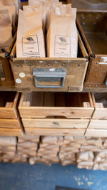 High angle view of books in box