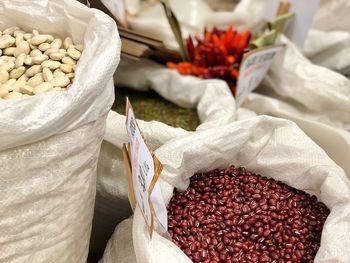 High angle view of beans in sack for sale