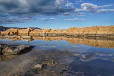 Reflection of rocks in lake against sky