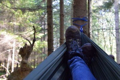 Low section of person wearing shoes on hammock at forest