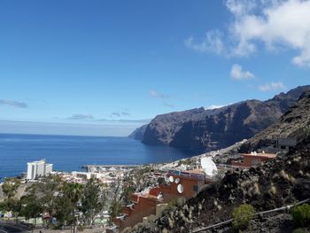 Scenic view of sea and mountains against blue sky