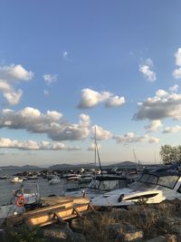 Sailboats moored at harbor against sky