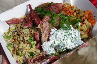 High angle view of person holding fresh meal in disposable plate