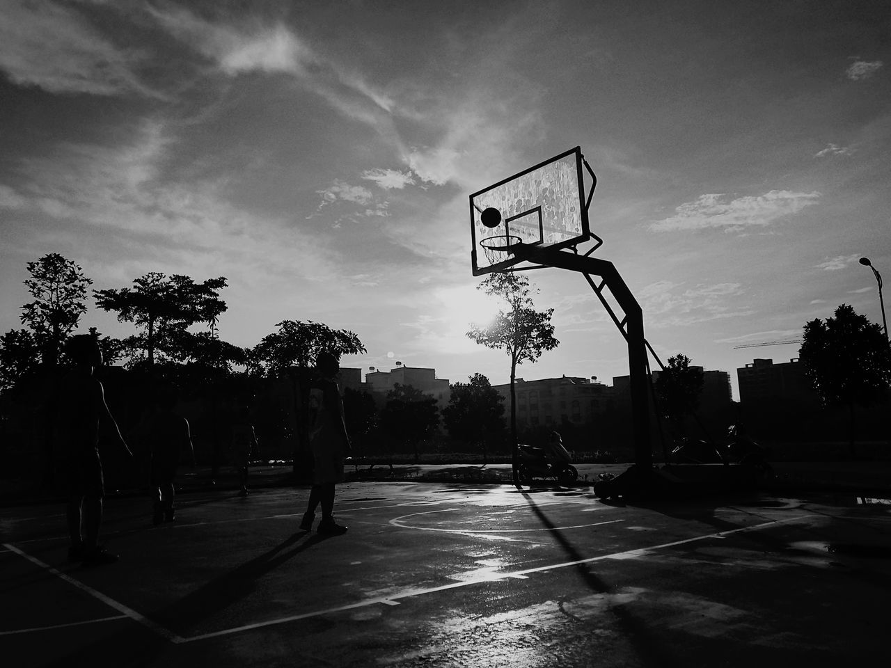basketball - sport, basketball hoop, sport, court, tree, silhouette, outdoors, city, sunset, basketball player, sky, taking a shot - sport, men, day, competitive sport, competition, one person, people
