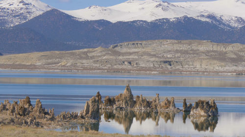 Scenic view of lake and snowcapped mountains