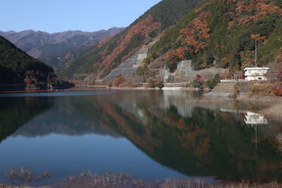 Scenic view of lake and mountains against sky