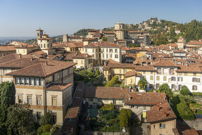 Aerial view of the old town of bergamo, italy