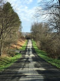 Road amidst bare trees against sky