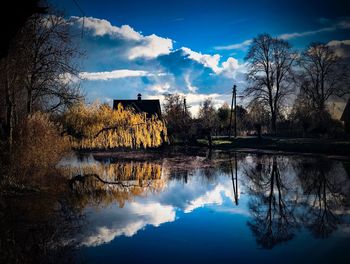 Reflection of trees in lake against sky