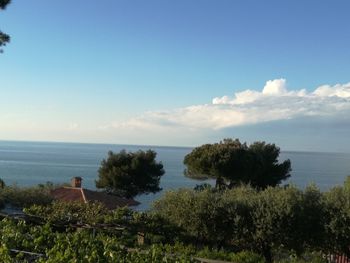 Scenic view of sea against blue sky