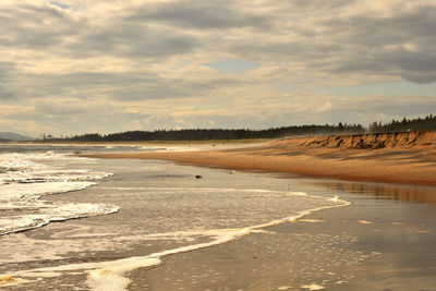 Scenic view of beach against sky during sunset