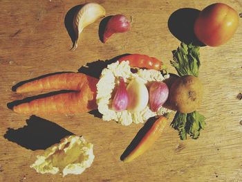 High angle view of chopped fruits on table