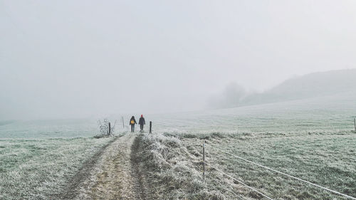 Rear view of people walking on snow covered land