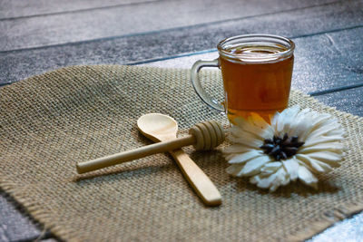 High angle view of drink on table