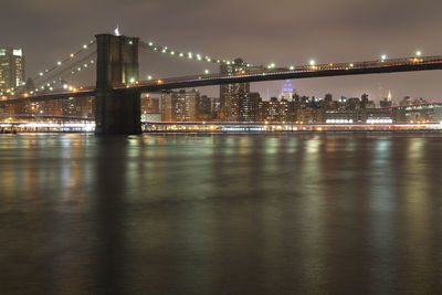 Illuminated bridge over river with city in background