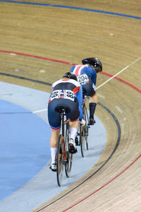 High angle view of man riding bicycle