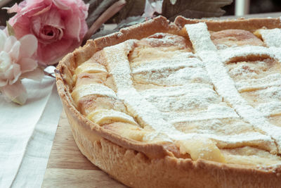 High angle close-up of sweet pie on table