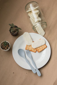 High angle view of dessert in plate on table