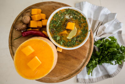 High angle view of soup in bowl on table