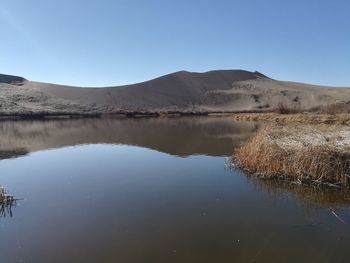 Scenic view of lake against clear sky