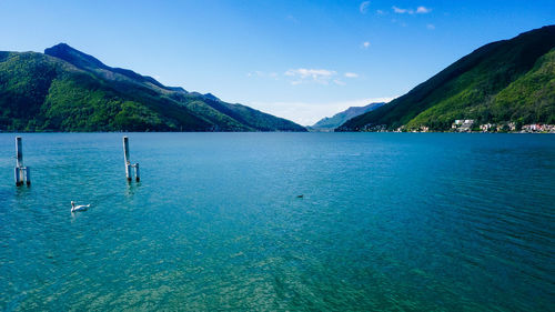 Scenic view of sea and mountains against sky