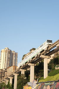 Low angle view of buildings against clear blue sky with train