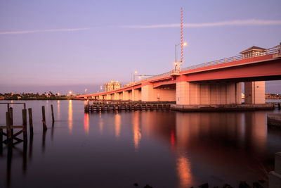 Bridge over river with buildings in background