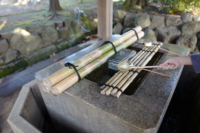 High angle view of metal equipment