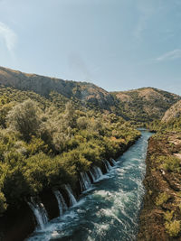 Scenic view of river amidst mountains against sky