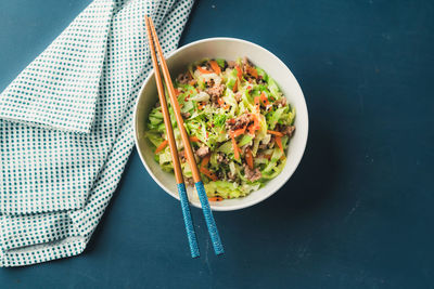 High angle view of meal served on table