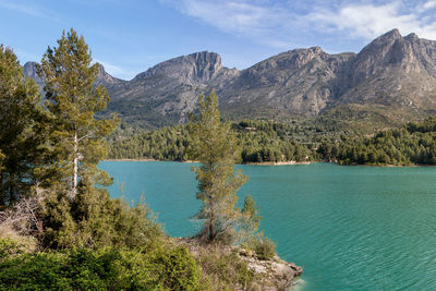 Scenic view of lake and mountains against sky