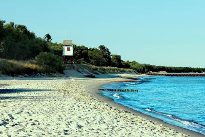 Scenic view of beach against clear sky