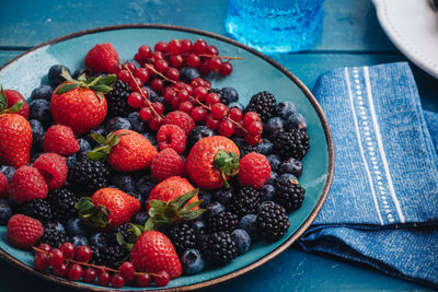 High angle view of strawberries in bowl