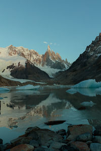 Scenic view of snowcapped mountains against clear blue sky