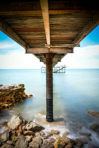 High angle view of below bridge over sea against sky