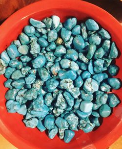 High angle view of blueberries in bowl