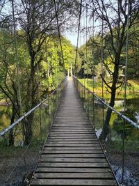 Rear view of man walking on footbridge