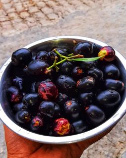 High angle view of fruits in bowl on table