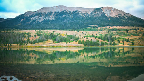 Scenic view of lake and mountains against sky,yellowstone wyoming