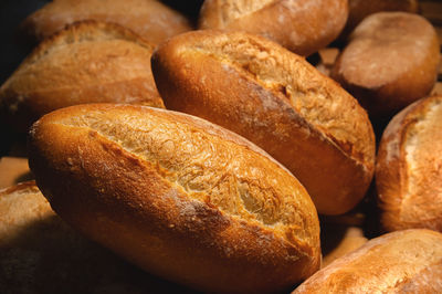 Sourdough bread close-up. freshly baked round bread with golden crust on bakery shelves. the context