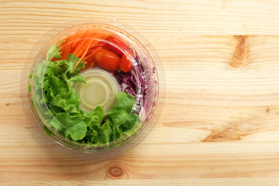 High angle view of salad in glass on table