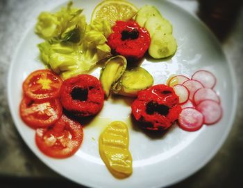 High angle view of strawberries in plate