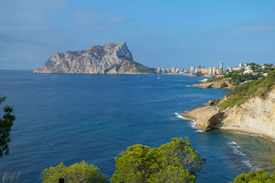 The rock of ifach limestone monolith overlooks the city of calpe, costa blanca, spain.