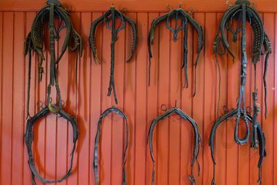 Close-up of clothes hanging on wall