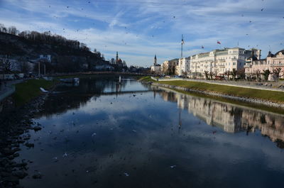 Reflection of trees in water against sky