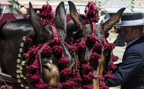 Midsection of man with red flowers in market