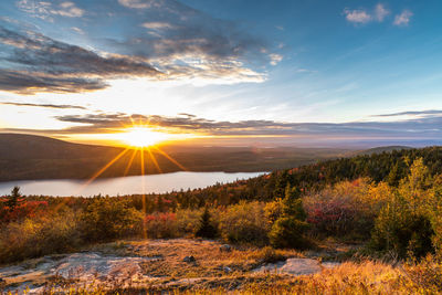 Scenic view of lake amidst landscape against sky during sunset