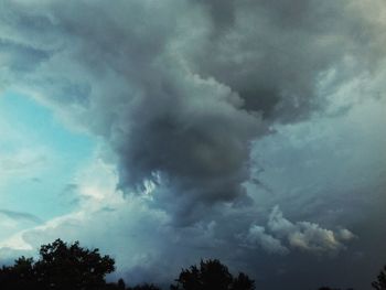 Low angle view of trees against cloudy sky