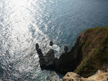 High angle view of rock at sea shore
